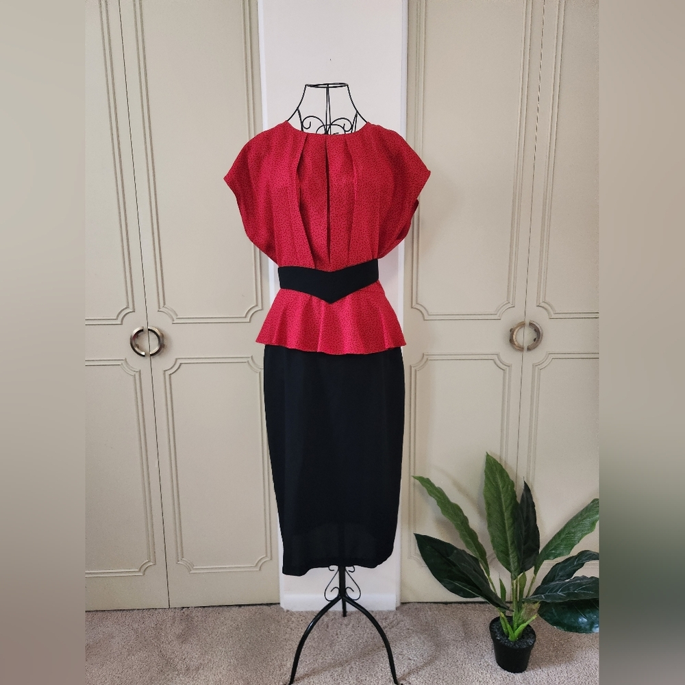 Vintage All That Jazz Red and Black Polka Dot Peplum Midi Dress